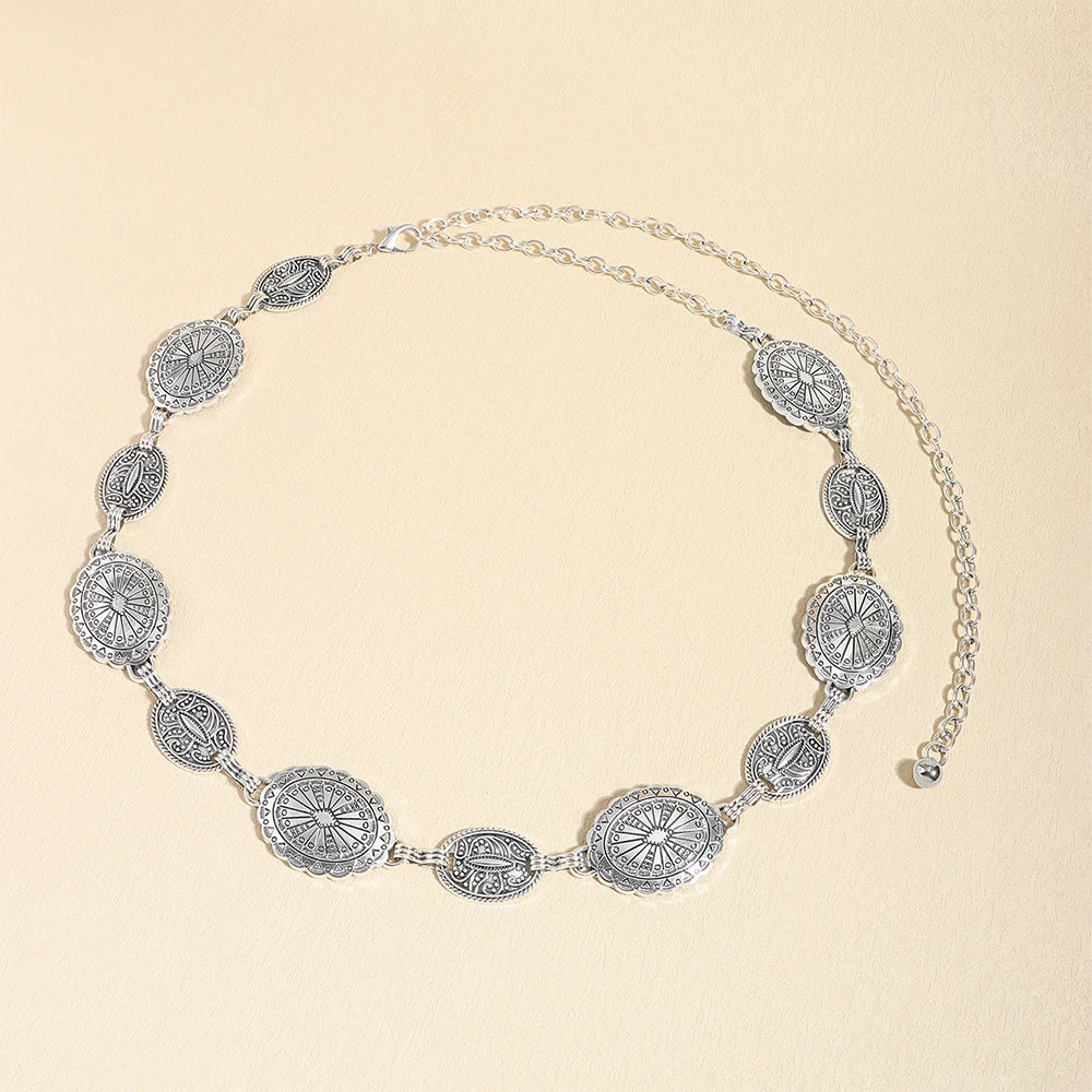 Acessórios de corrente de cintura de metal feminino estilo retrô círculo decorativo esculpido cinto de corrente acessórios de estilo alto