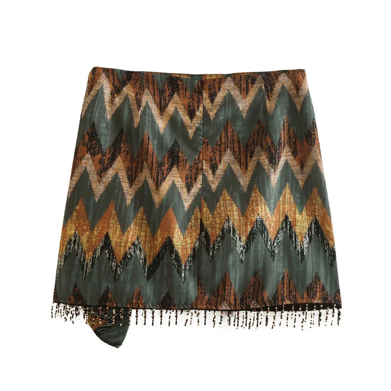 Keyanketian novo vintage impressão geométrica mini saia atada sarong frisado franja envoltório vestidos casuais zip curto skort mujer