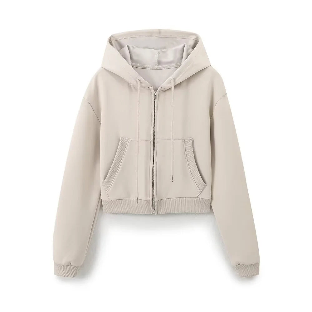 Taop & za outono nova moda feminina casual zíper decoração com capuz manga comprida moletom jaqueta trompete calças conjunto
