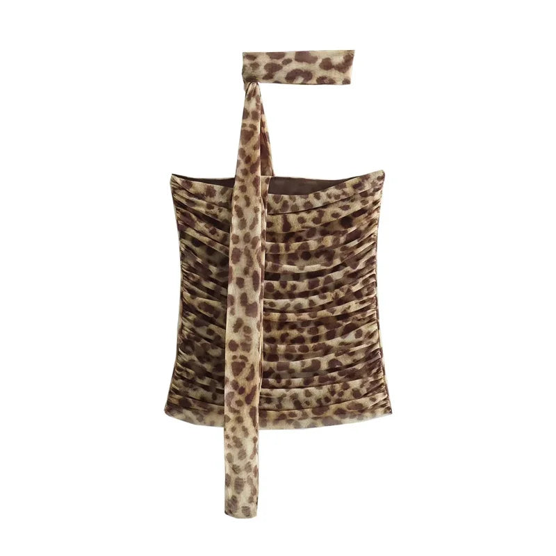 Muyer 2025 tule colheita topo feminino leopardo impressão ruched tubo topos para mulher sexy sem costas halter topo feminino fora do ombro verão topo