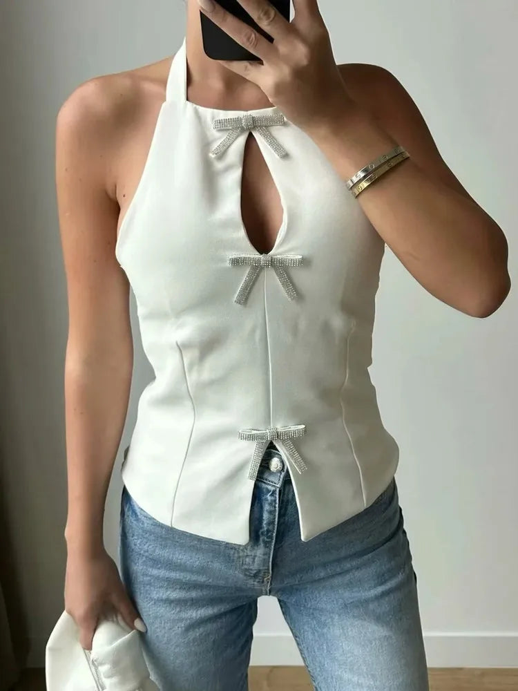 Muyer arco strass colheita topo feminino cortar preto branco sem mangas sem costas topo feminino fora do ombro sexy topos mulher verão