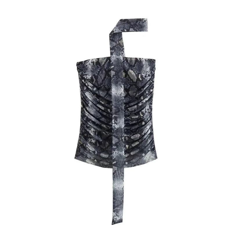 Muyer 2025 tule colheita topo feminino leopardo impressão ruched tubo topos para mulher sexy sem costas halter topo feminino fora do ombro verão topo