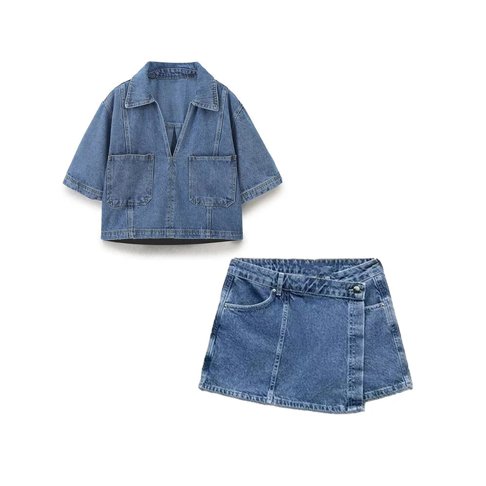 TRAF Fato de ganga solto com decoração de bolsos para mulher Camisa curta com lapela Casual Saia curta assimétrica Trabalho temporário Conjunto versátil de duas peças Street Casual Fashion Fato de senhora