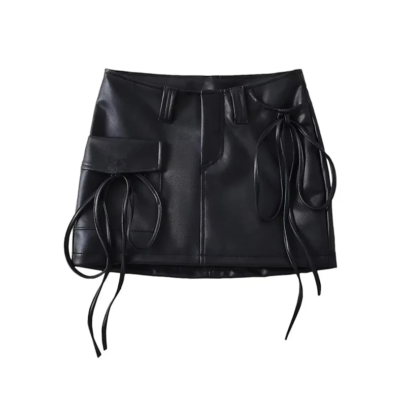 Qnqo saias para mulheres y2k moda rendas até couro do plutônio saia preta 2025 novo estilo coreano fino bolso hip envoltório mini saia feminina