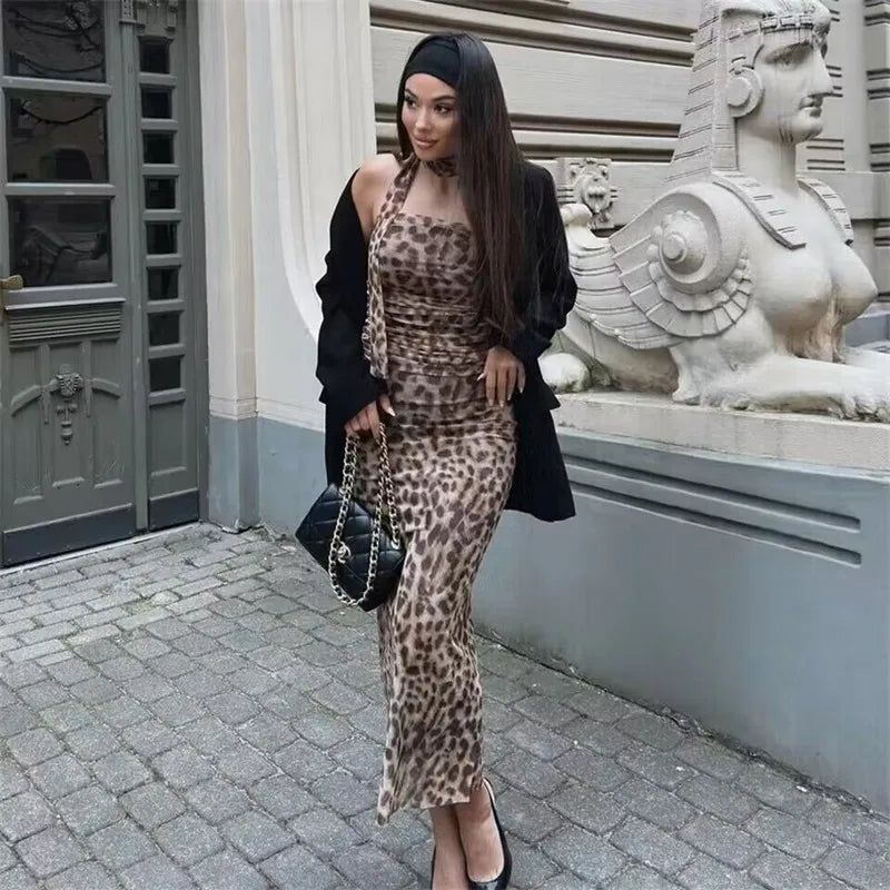 Muyer 2025 tule colheita topo feminino leopardo impressão ruched tubo topos para mulher sexy sem costas halter topo feminino fora do ombro verão topo