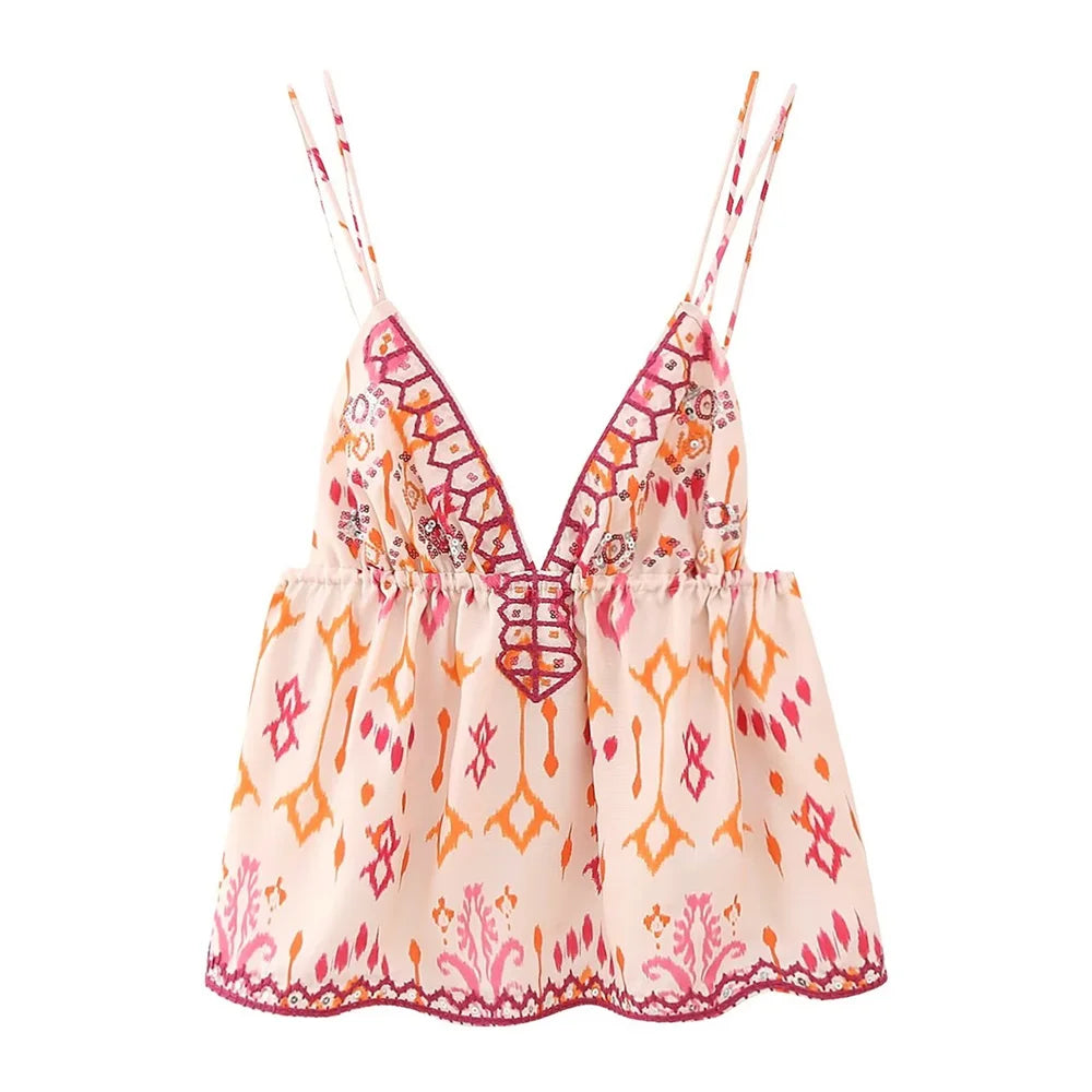 Unizera outono nova moda feminina versátil sexy com decote em v sem mangas bordado frisado impressão curto topo