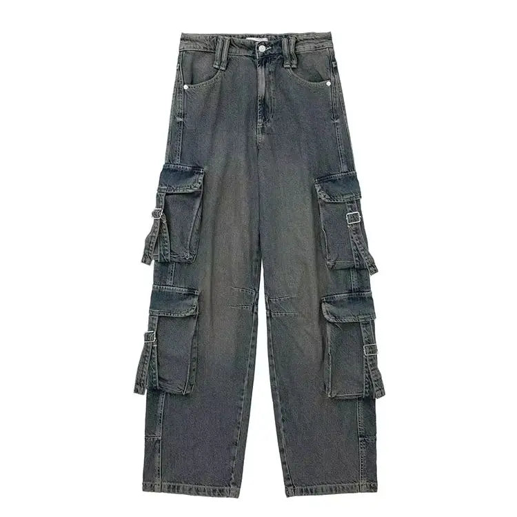 2023 primavera outono mulher bolso workwear denim carga calças compridas moda meados de cintura vintage casual rua calças soltas