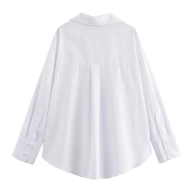 Traf oxford camisa branca mulher assimétrica azul listrado blusas de manga longa para mulher 2024 casual camisas básicas mulher verão topo