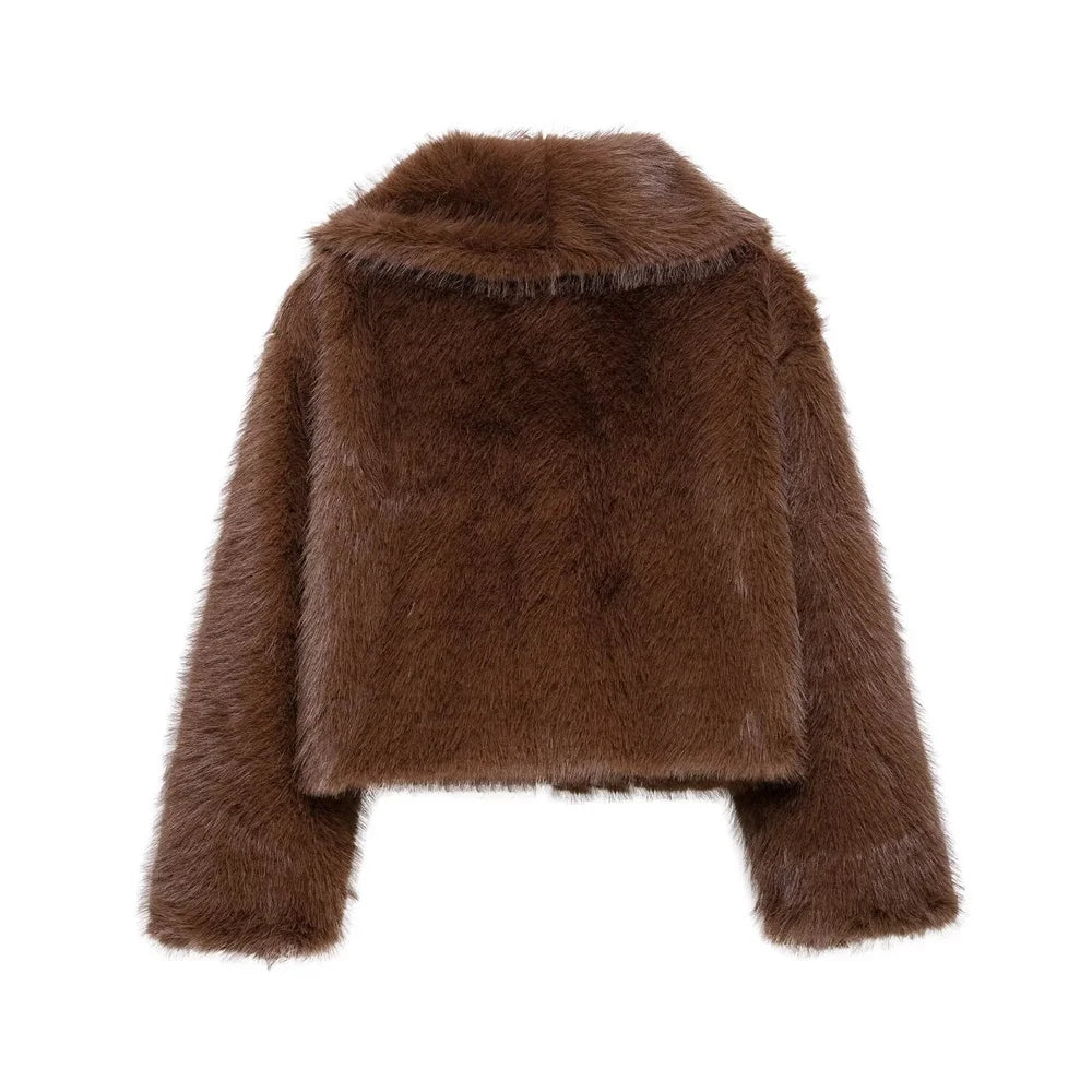 Uniza casaco curto de pele solta de cor sólida outono e inverno novo item lapela manga comprida casaco quente para mulheres