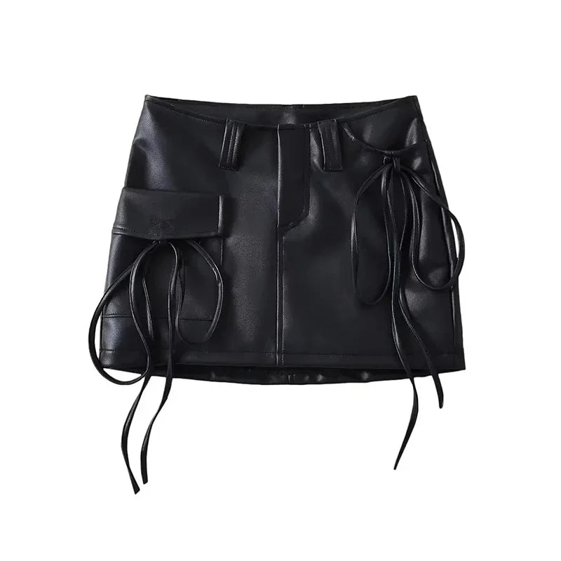 Qnqo saias para mulheres y2k moda rendas até couro do plutônio saia preta 2025 novo estilo coreano fino bolso hip envoltório mini saia feminina