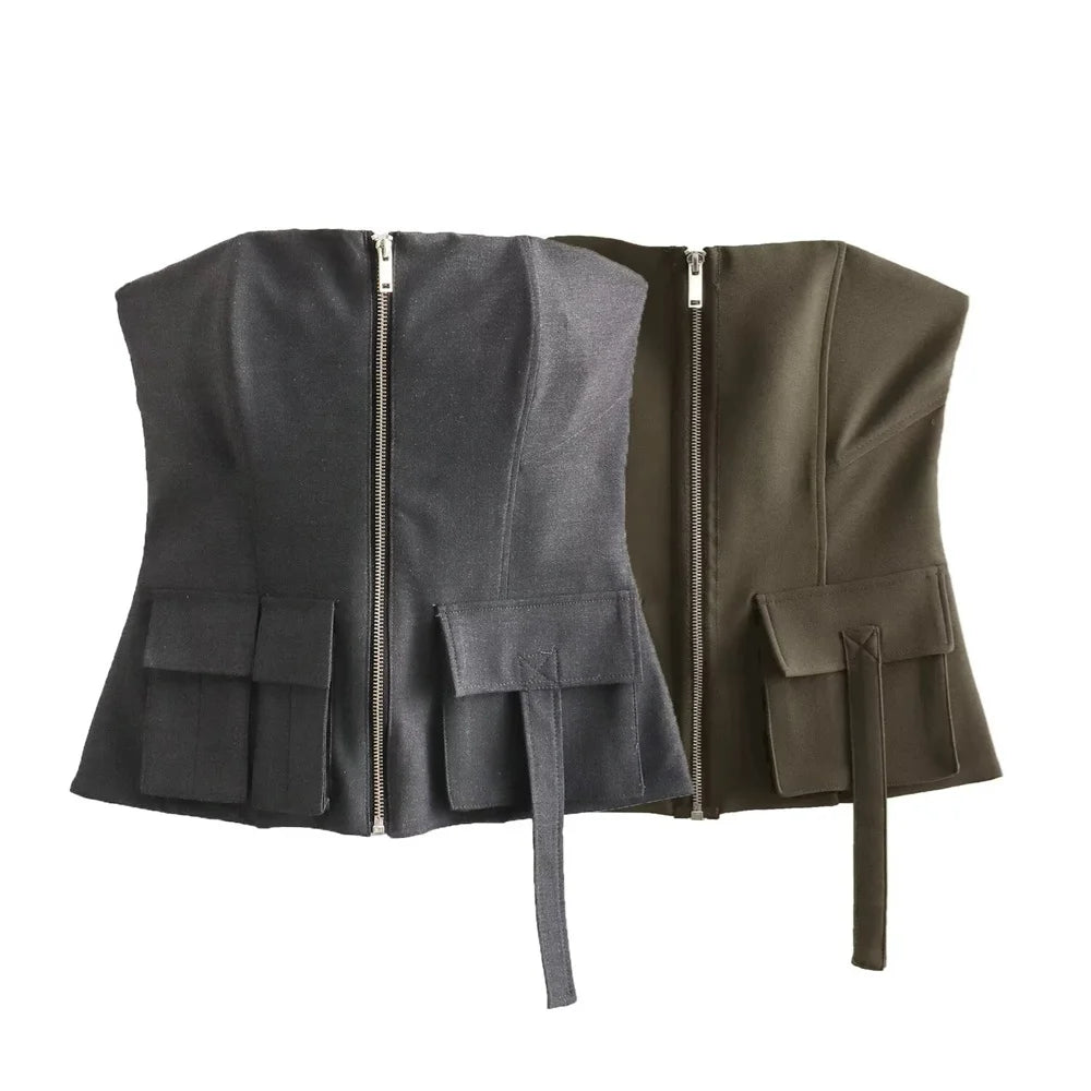 Taop & za 2024 primavera novo produto moda feminina e casual versátil fino ajuste bolso com zíper decoração com sutiã e alça superior