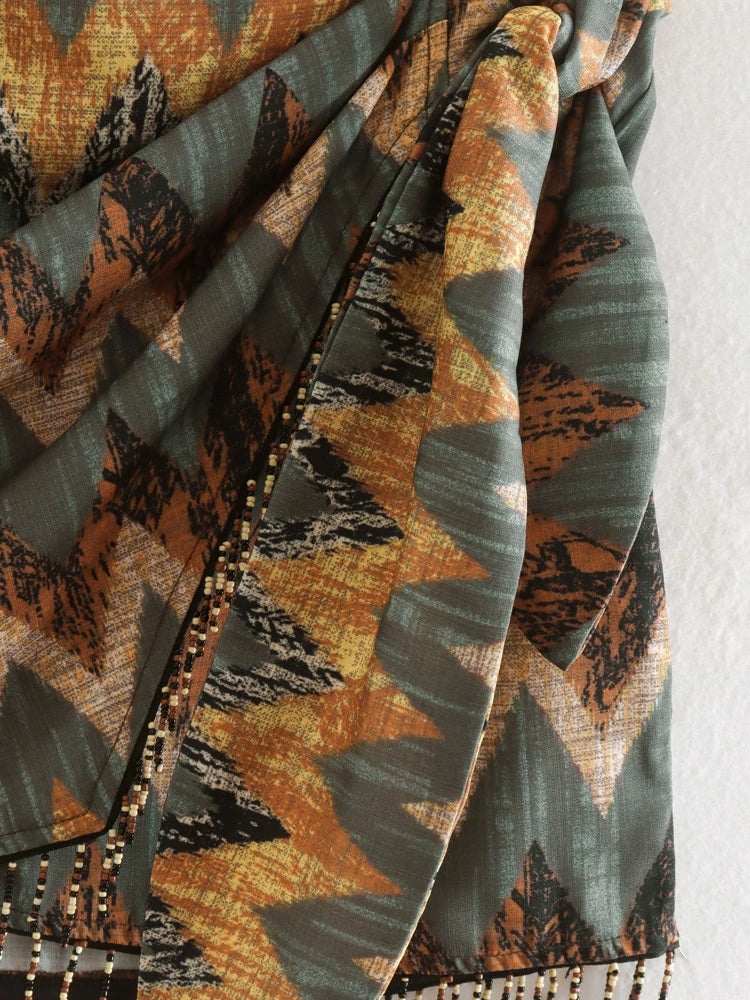Keyanketian novo vintage impressão geométrica mini saia atada sarong frisado franja envoltório vestidos casuais zip curto skort mujer