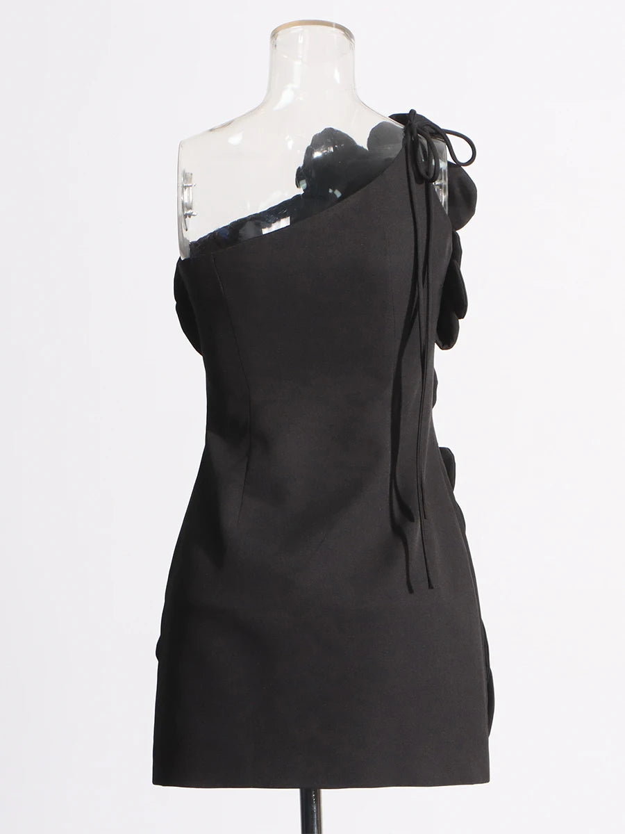 Twotwinstyle retalhos apliques mini vestidos para mulheres gola diagonal mangas emendadas rendas até vestidos de cintura alta feminino novo