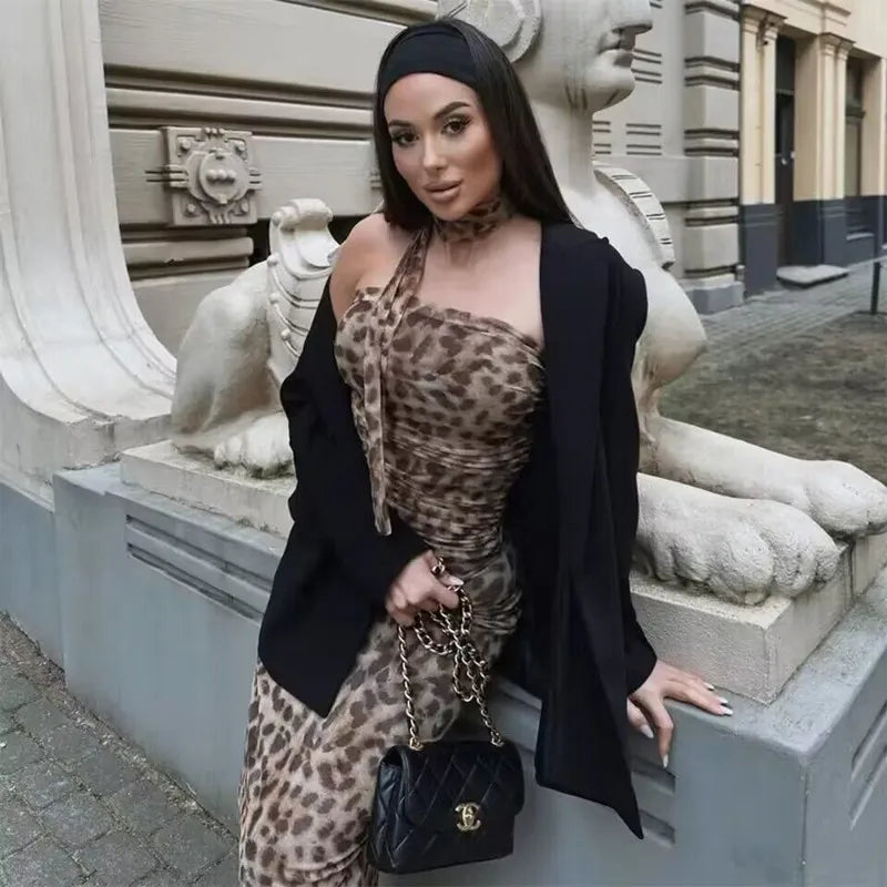 Muyer 2025 tule colheita topo feminino leopardo impressão ruched tubo topos para mulher sexy sem costas halter topo feminino fora do ombro verão topo