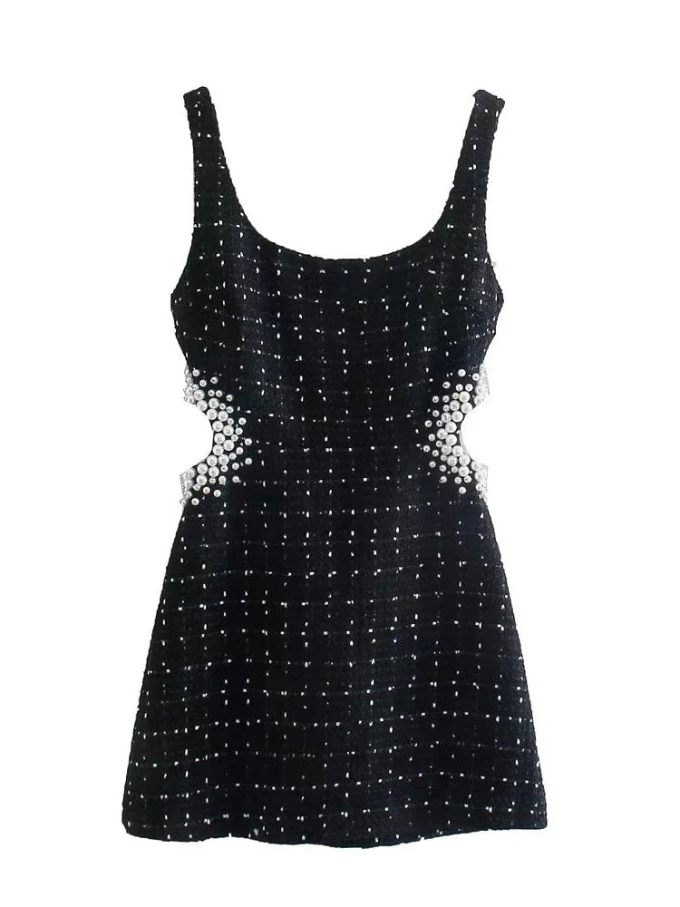 Willshela moda feminina com pérolas preto oco para fora zíper mini vestido alças vintage pescoço quadrado feminino chique senhora vestidos