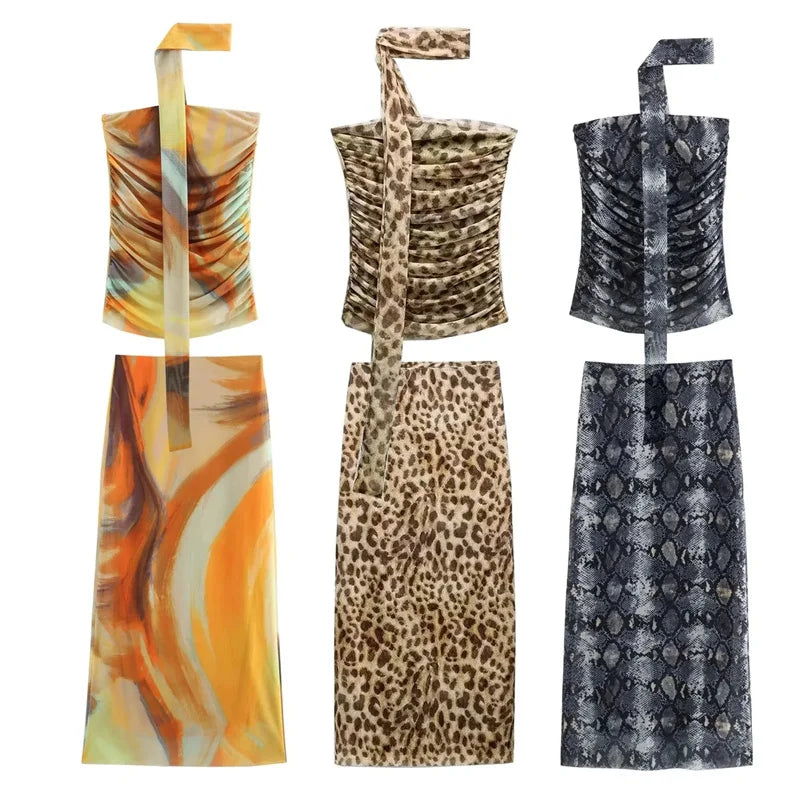Muyer 2025 tule colheita topo feminino leopardo impressão ruched tubo topos para mulher sexy sem costas halter topo feminino fora do ombro verão topo