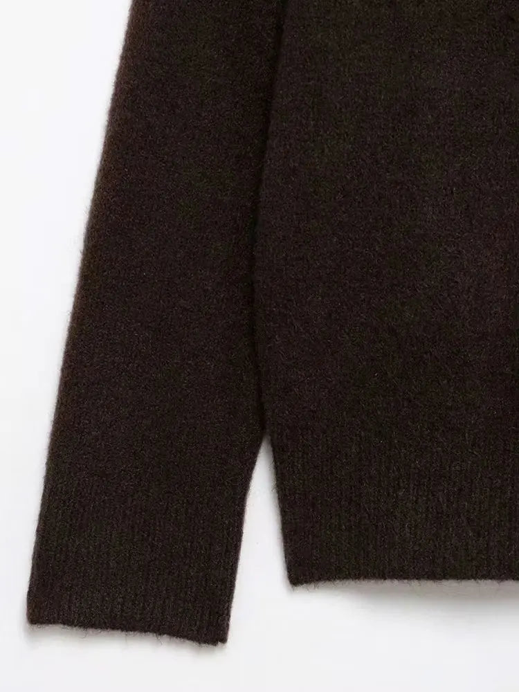 TRZA Suéter feminino de malha com ombros de fora, gola reta, manga comprida, pulôver fashion, apliques, tops chiques