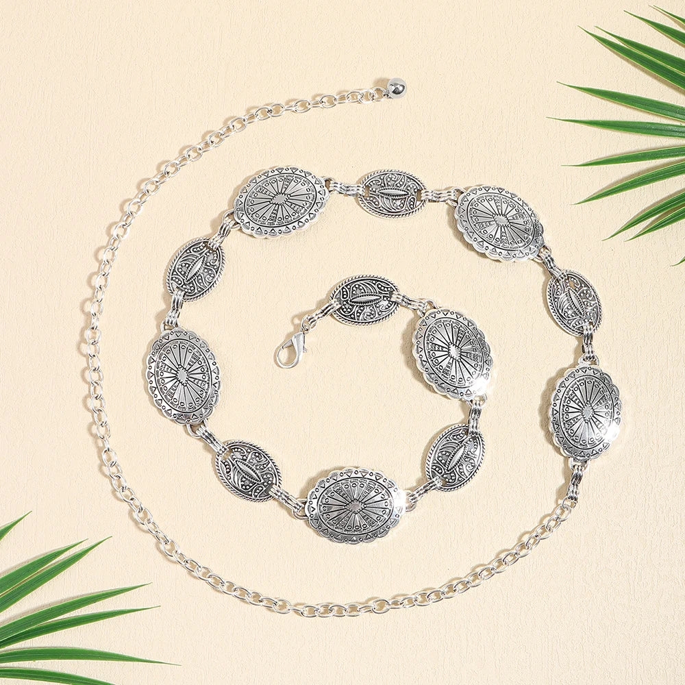 Acessórios de corrente de cintura de metal feminino estilo retrô círculo decorativo esculpido cinto de corrente acessórios de estilo alto