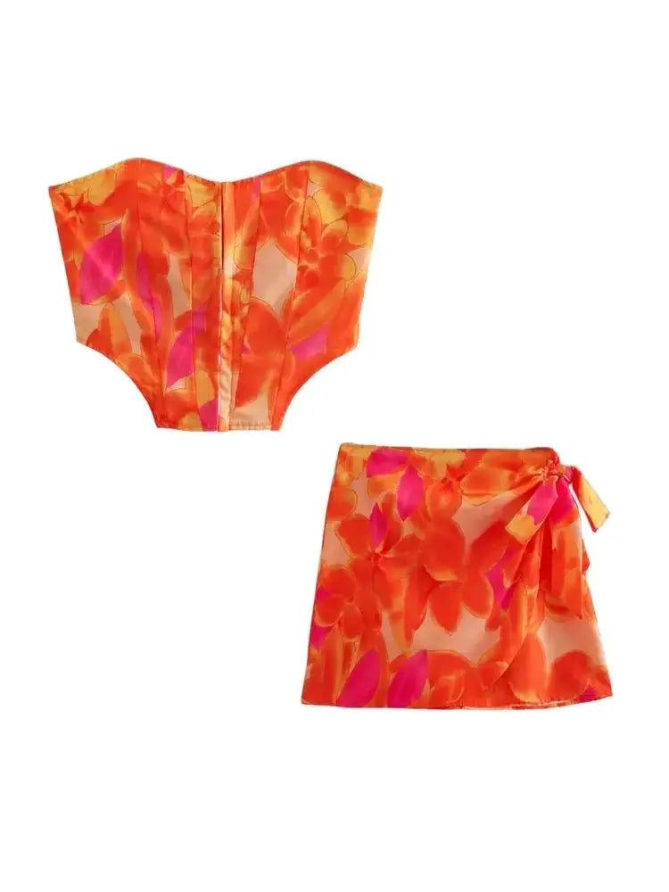 Trza moda feminina frente ganchos de metal impresso bustier topos e cintura alta com arco amarrado mini saia feminina conjuntos de duas peças mujer