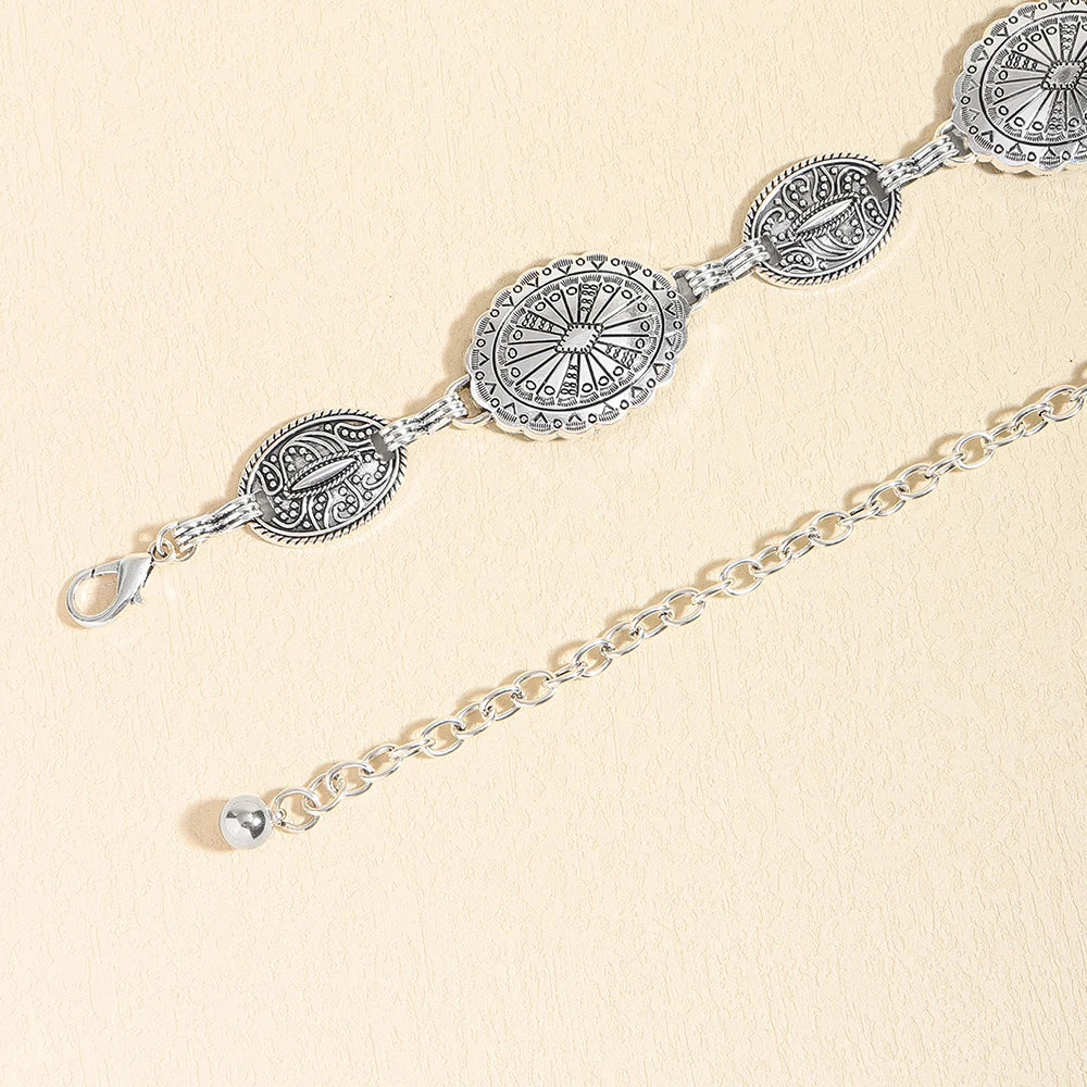 Acessórios de corrente de cintura de metal feminino estilo retrô círculo decorativo esculpido cinto de corrente acessórios de estilo alto