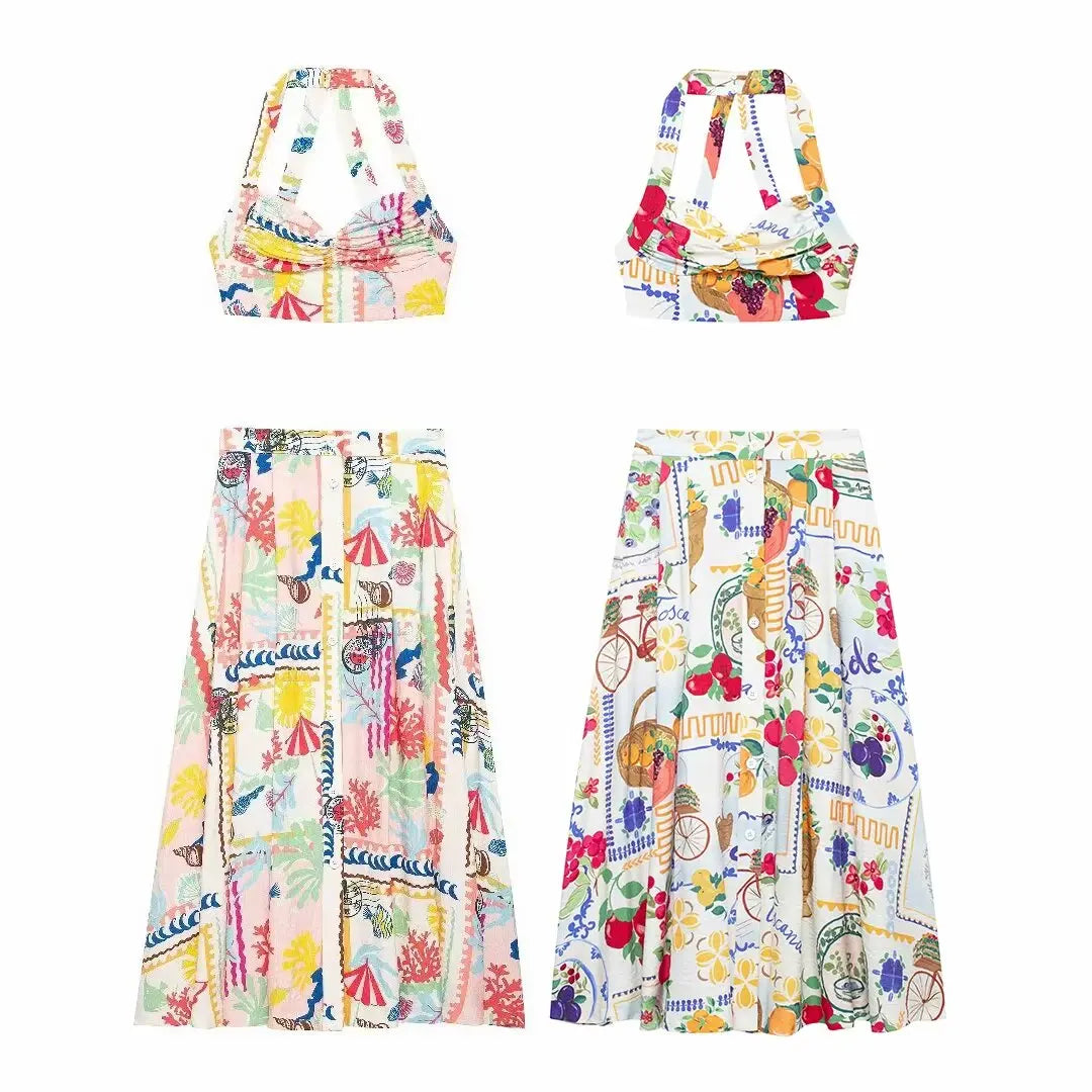 Trafza feminino 2 peças conjunto sexy sem mangas sem costas impressão botões mini estilingue topo + elegante botões de cintura alta praia midi saia