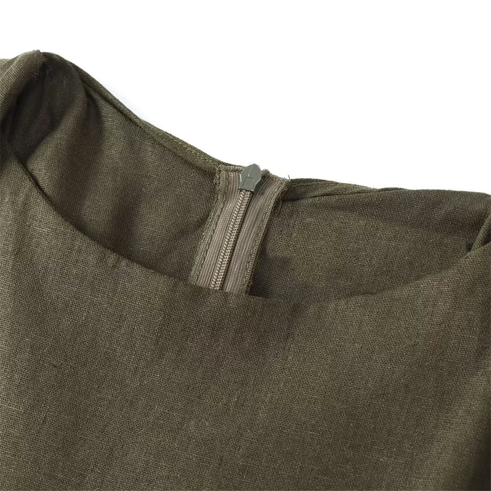2024 ZAR4 verão novo estilo feminino versátil fino ajuste linho misturado mangas torcidas vestido midi