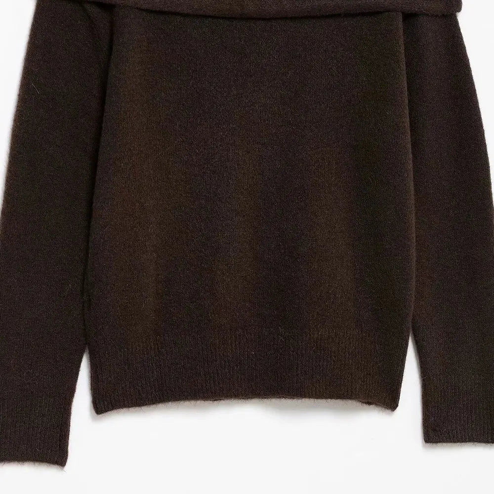TRZA Suéter feminino de malha com ombros de fora, gola reta, manga comprida, pulôver fashion, apliques, tops chiques