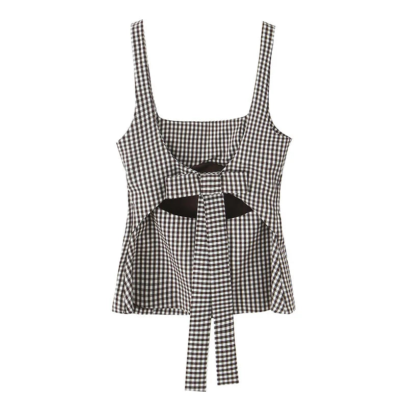 Willshela moda feminina com arco xadrez sem costas lado zíper colete alças vintage gola quadrada feminino chique senhora regata
