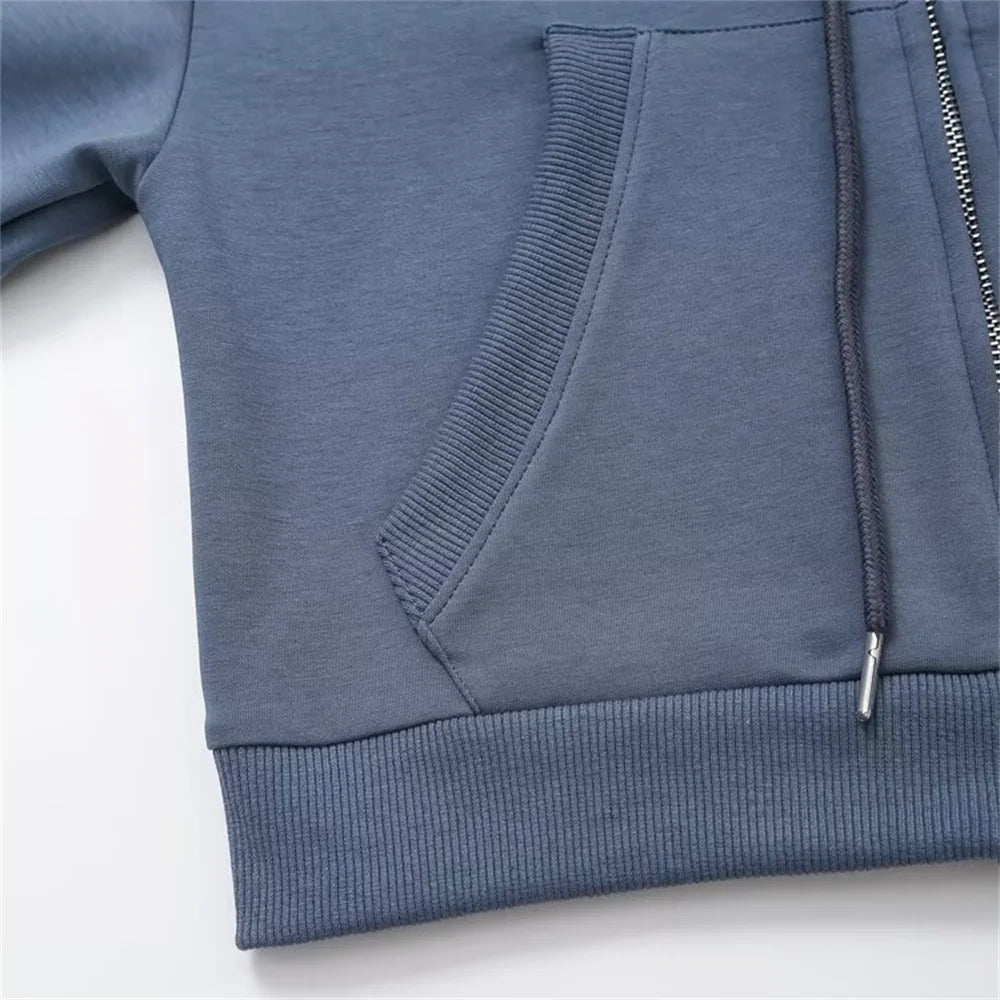 Taop & za outono nova moda feminina casual zíper decoração com capuz manga comprida moletom jaqueta trompete calças conjunto