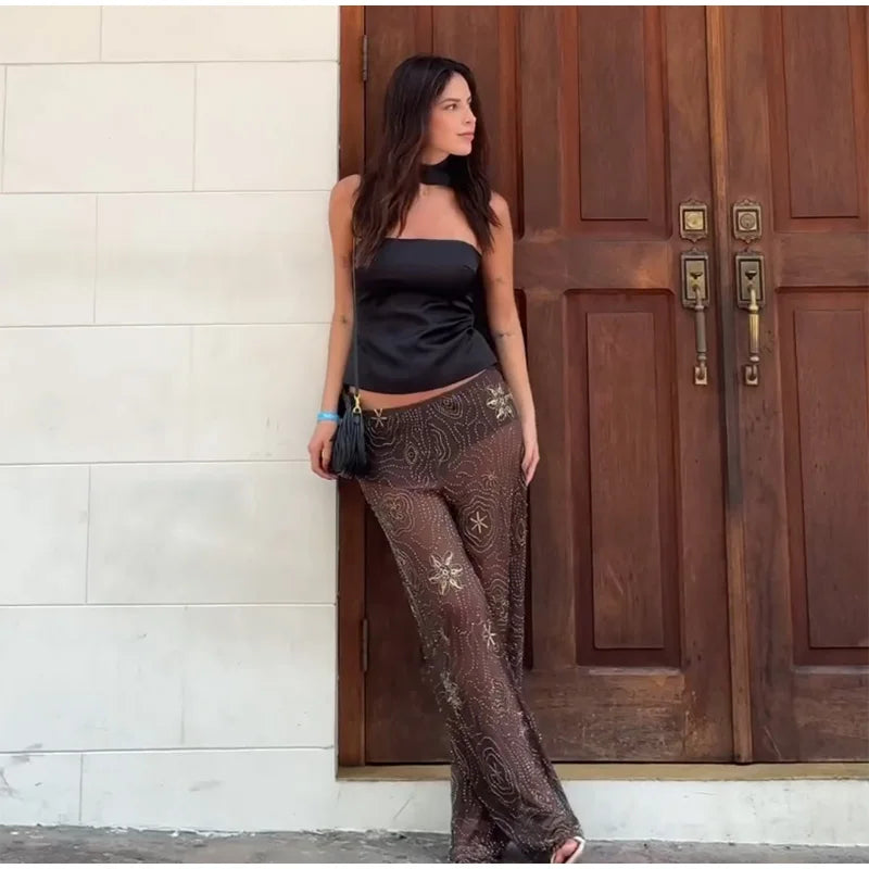 Ver através de frisado bordado calças femininas baggy sexy floco de neve lantejoulas perna larga 2025 primavera verão senhora y2k streetwear