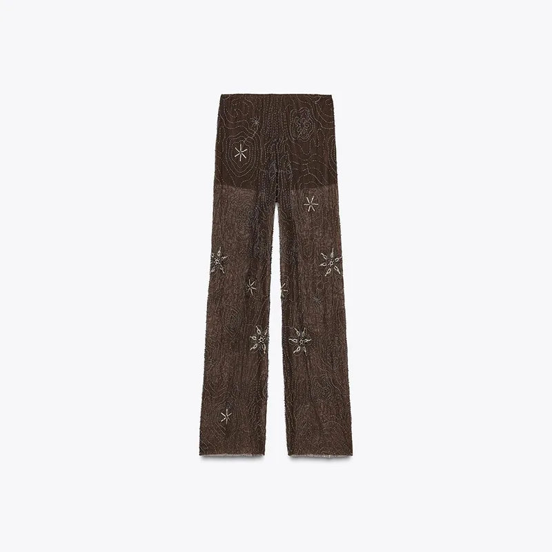 Ver através de frisado bordado calças femininas baggy sexy floco de neve lantejoulas perna larga 2025 primavera verão senhora y2k streetwear