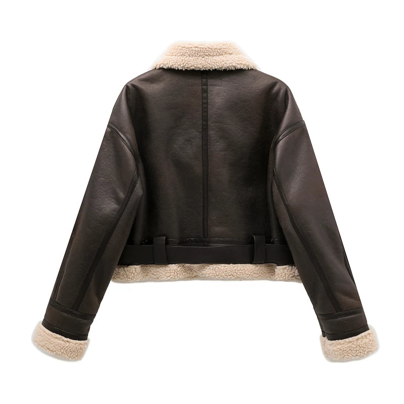RARF-Jaqueta grossa quente do falso shearling feminino, casaco vintage de manga longa, outerwear feminino, bainha do cinto, nova moda, 2024