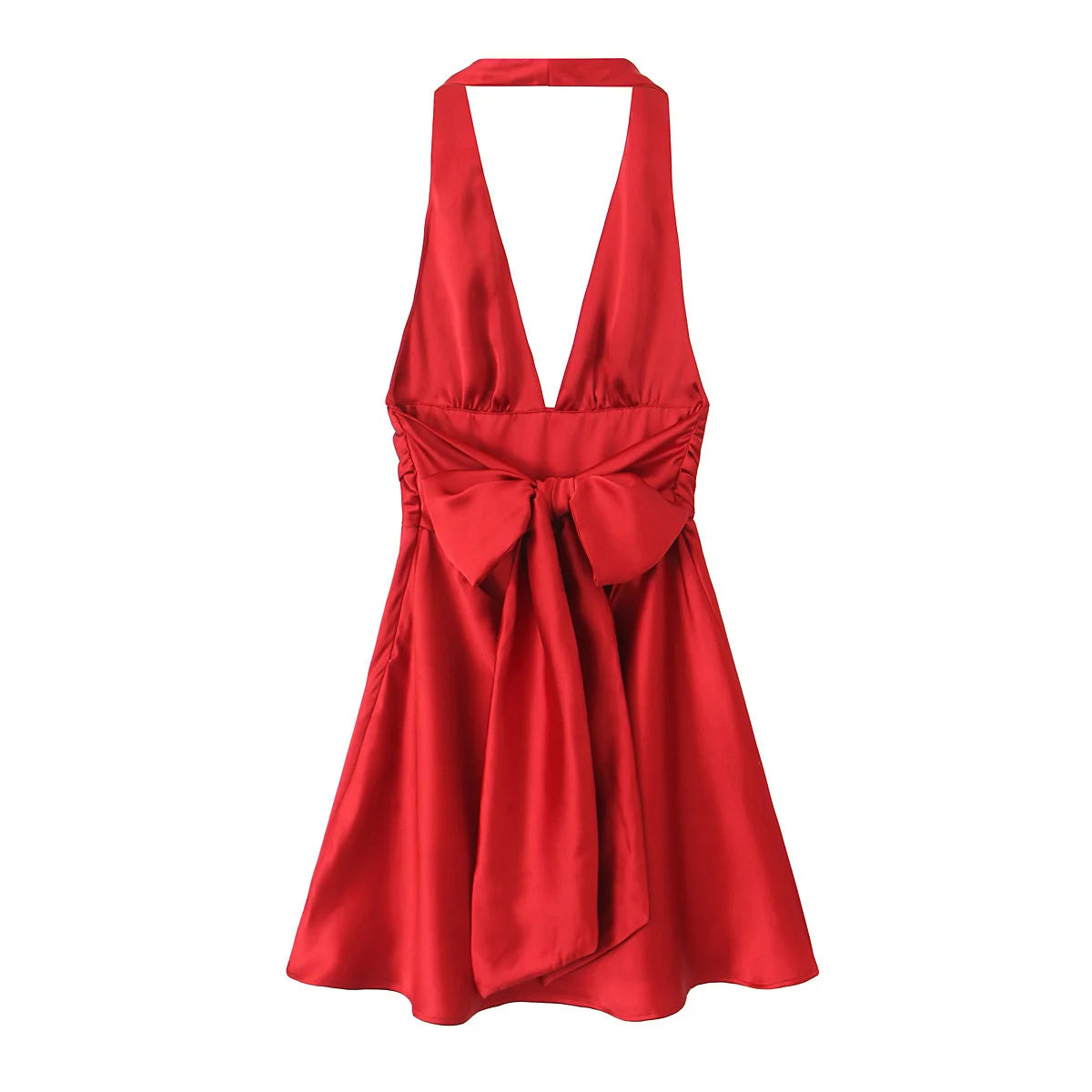 Traf robe y2k cetim fino extremo curto vestido de festa feminino 2025 primavera arco amarrado sem mangas sem costas magro uma linha mini vestido vermelho