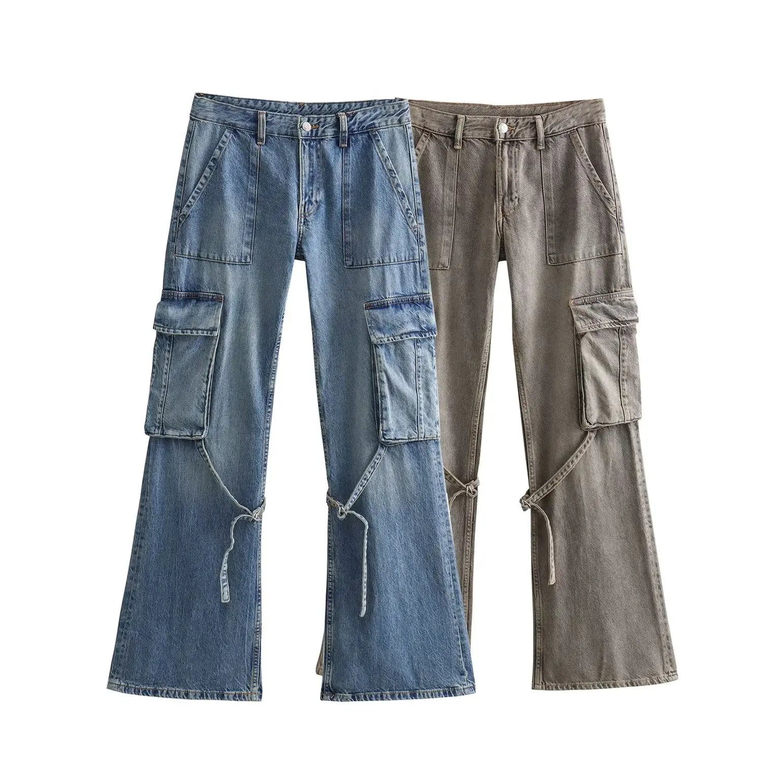 Trafza 2023 outono moda casual sólido calças de cintura alta feminino denim calças de perna larga y2k jeans feminino calças de carga longa jeans