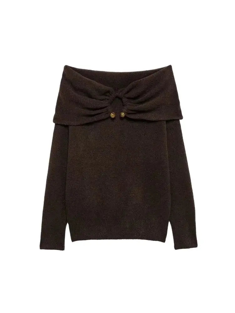 TRZA Suéter feminino de malha com ombros de fora, gola reta, manga comprida, pulôver fashion, apliques, tops chiques