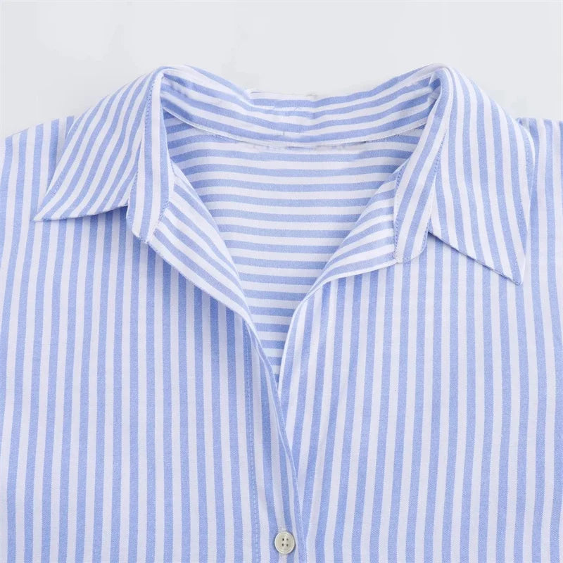 Traf oxford camisa branca mulher assimétrica azul listrado blusas de manga longa para mulher 2024 casual camisas básicas mulher verão topo