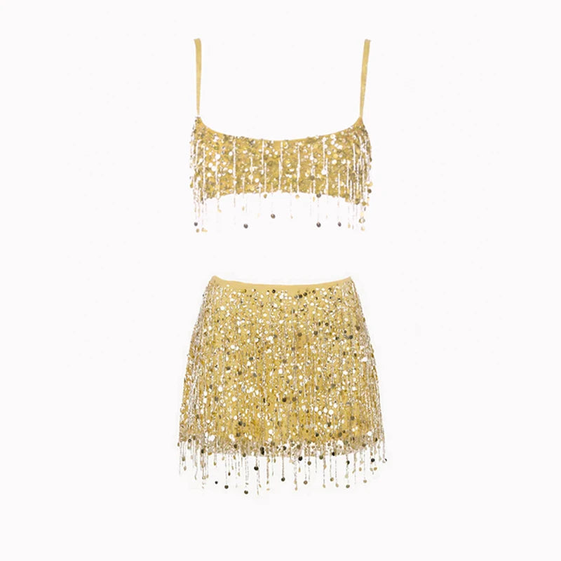 Sexy praia borla saias outfits feminino lantejoulas sem costas sem mangas brilhante ibiza define feminino 2025 primavera verão chique festival terno