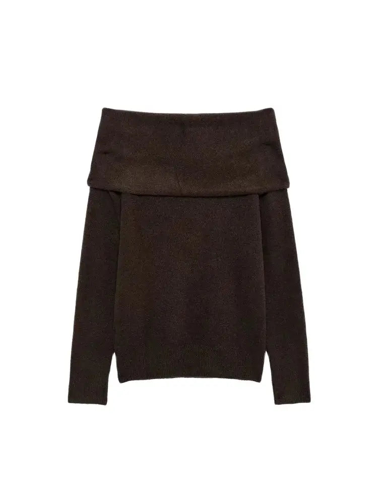 TRZA Suéter feminino de malha com ombros de fora, gola reta, manga comprida, pulôver fashion, apliques, tops chiques