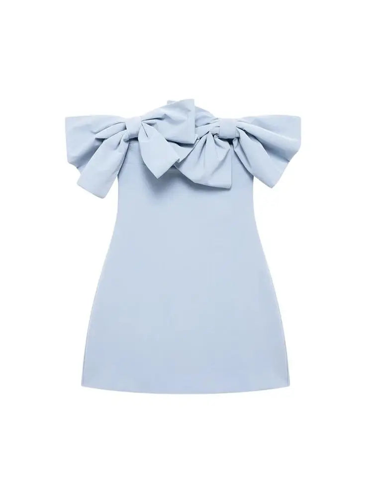 Trza-mini vestido sem alças com laços para mulheres, ombro de fora, pescoço reto, zíper traseiro, vestidos femininos, moda sexy