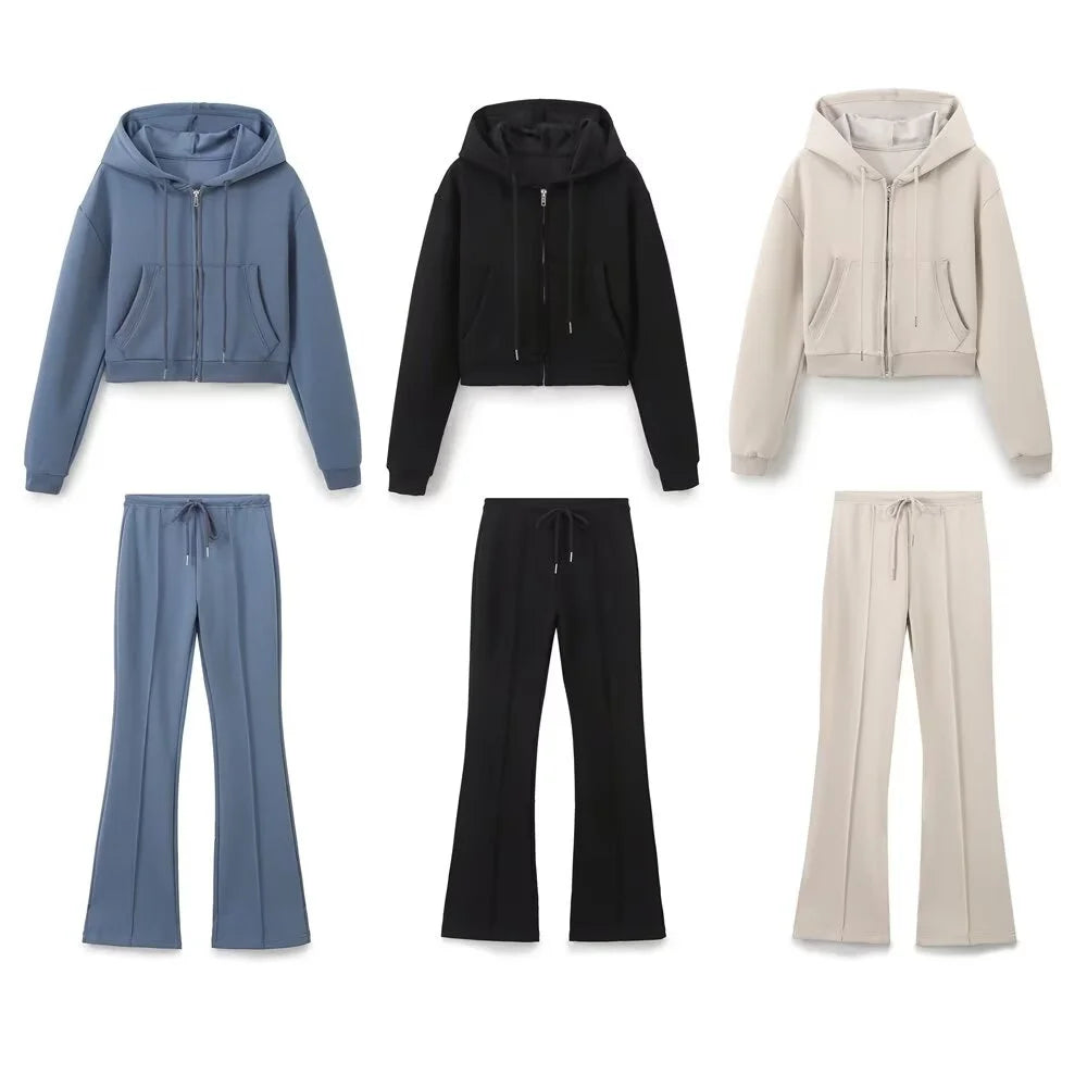 Taop & za outono nova moda feminina casual zíper decoração com capuz manga comprida moletom jaqueta trompete calças conjunto