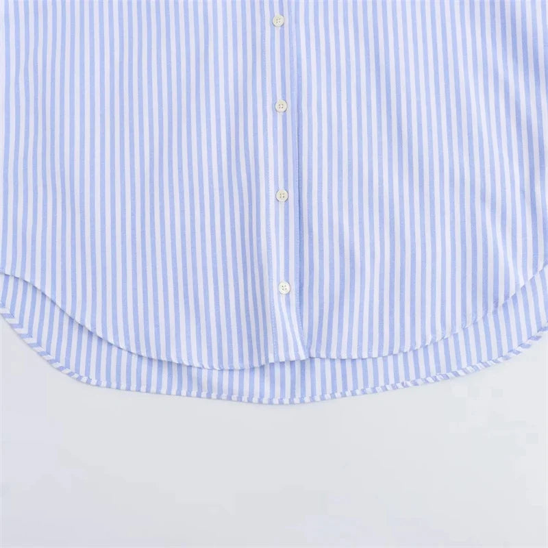 Traf oxford camisa branca mulher assimétrica azul listrado blusas de manga longa para mulher 2024 casual camisas básicas mulher verão topo