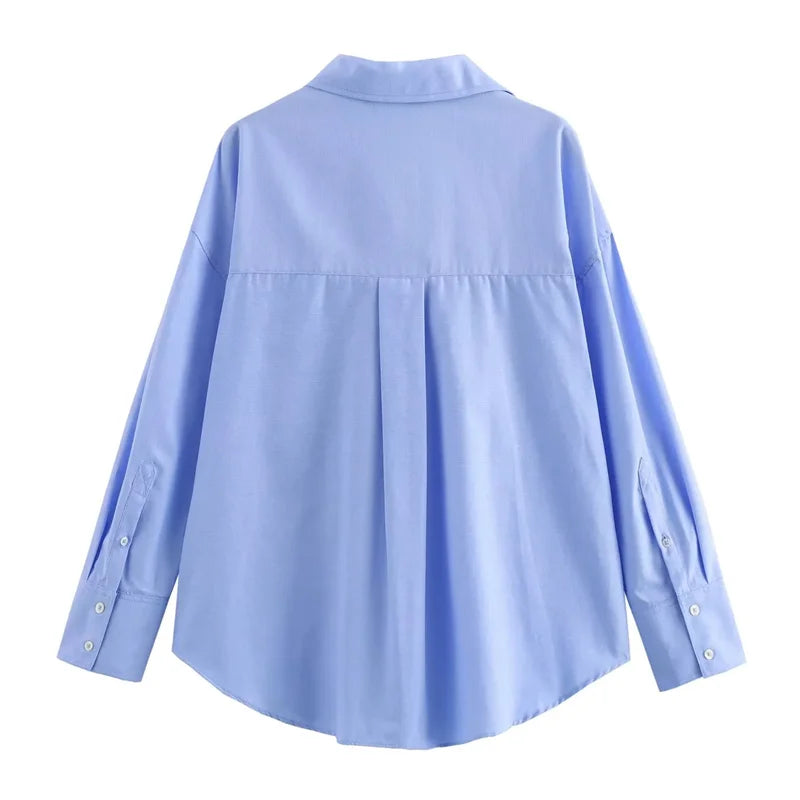 Traf oxford camisa branca mulher assimétrica azul listrado blusas de manga longa para mulher 2024 casual camisas básicas mulher verão topo