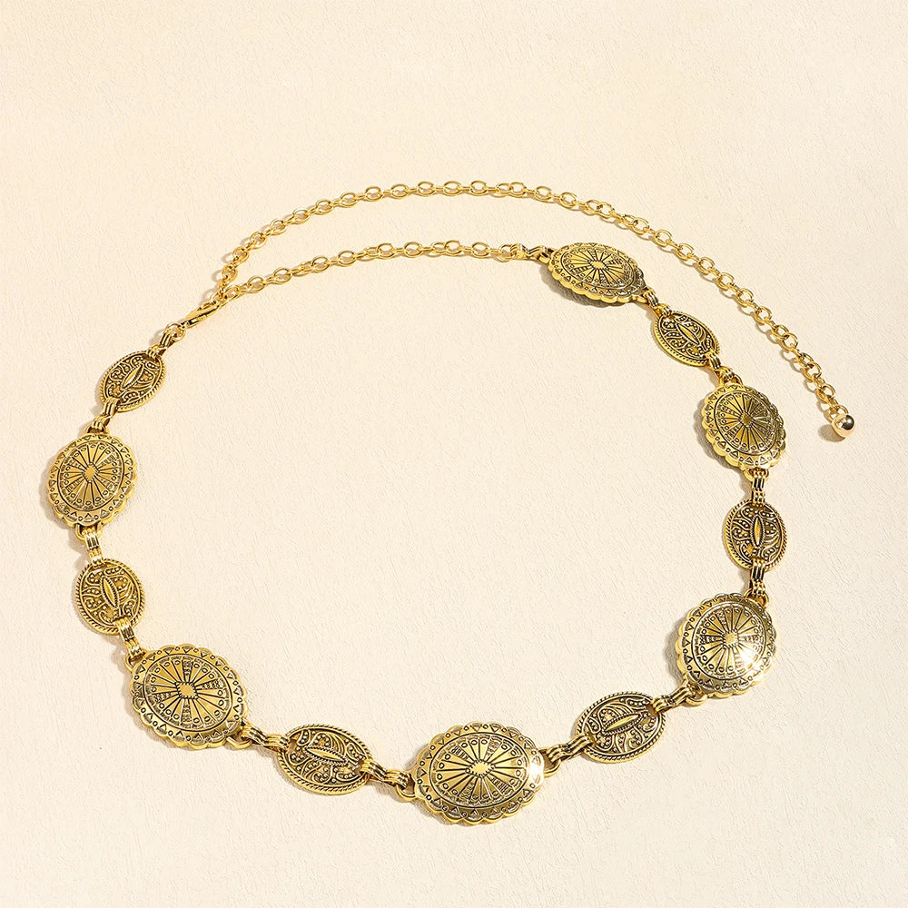 Acessórios de corrente de cintura de metal feminino estilo retrô círculo decorativo esculpido cinto de corrente acessórios de estilo alto