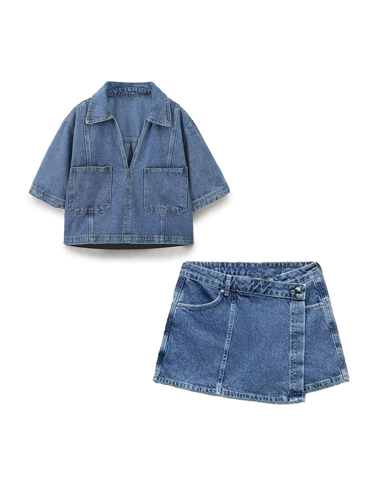 TRAF Fato de ganga solto com decoração de bolsos para mulher Camisa curta com lapela Casual Saia curta assimétrica Trabalho temporário Conjunto versátil de duas peças Street Casual Fashion Fato de senhora