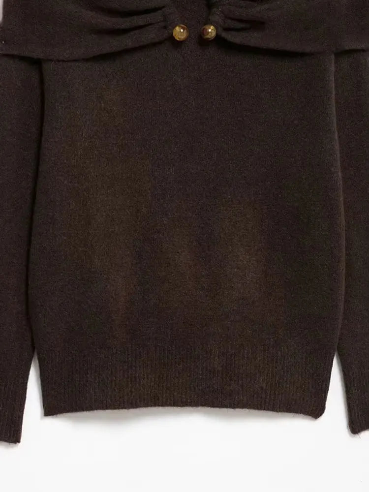 TRZA Suéter feminino de malha com ombros de fora, gola reta, manga comprida, pulôver fashion, apliques, tops chiques