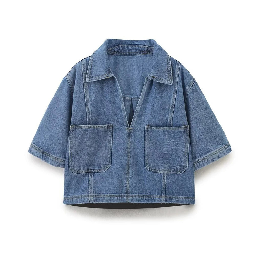 TRAF Fato de ganga solto com decoração de bolsos para mulher Camisa curta com lapela Casual Saia curta assimétrica Trabalho temporário Conjunto versátil de duas peças Street Casual Fashion Fato de senhora