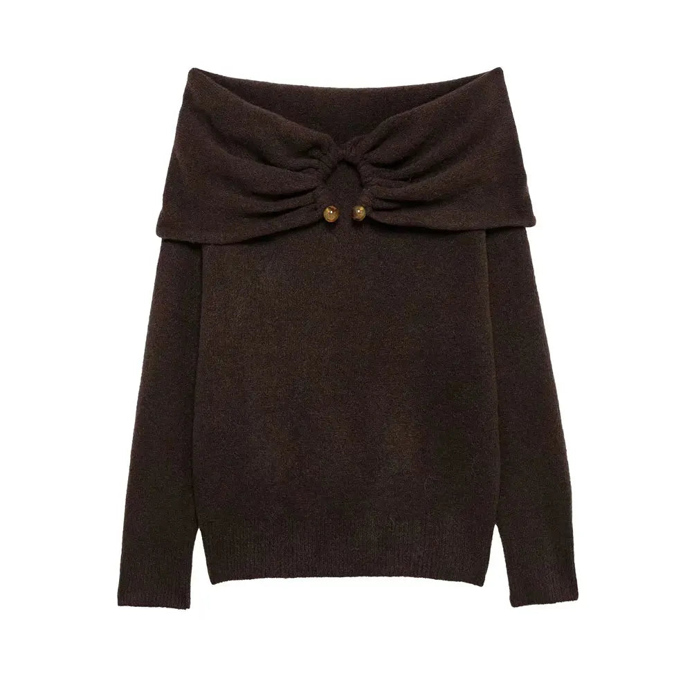 TRZA Suéter feminino de malha com ombros de fora, gola reta, manga comprida, pulôver fashion, apliques, tops chiques