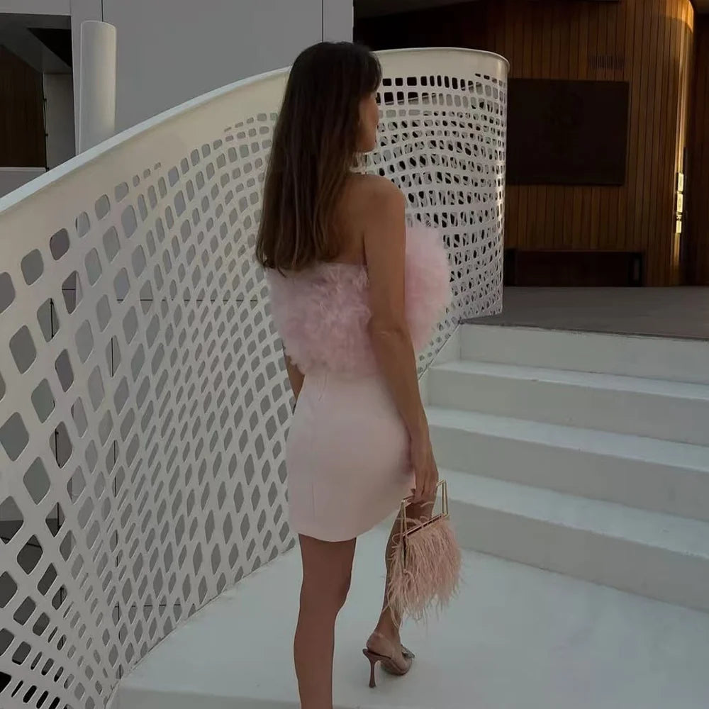 UNIZERA vestido feminino fofo de malha de seda sem alças com mini vestido decoração para primavera e verão novas roupas femininas