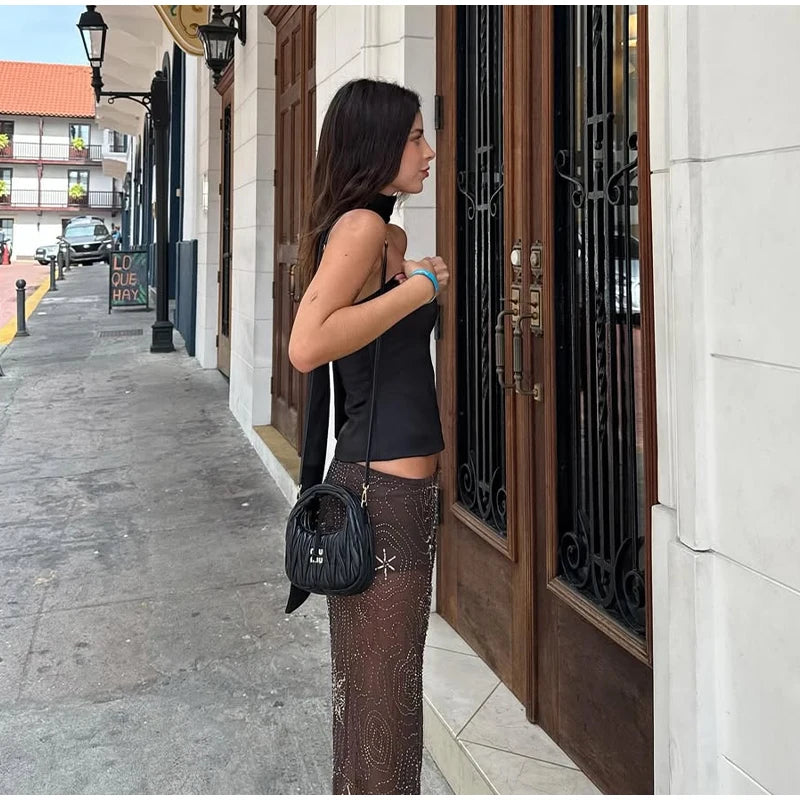 Ver através de frisado bordado calças femininas baggy sexy floco de neve lantejoulas perna larga 2025 primavera verão senhora y2k streetwear