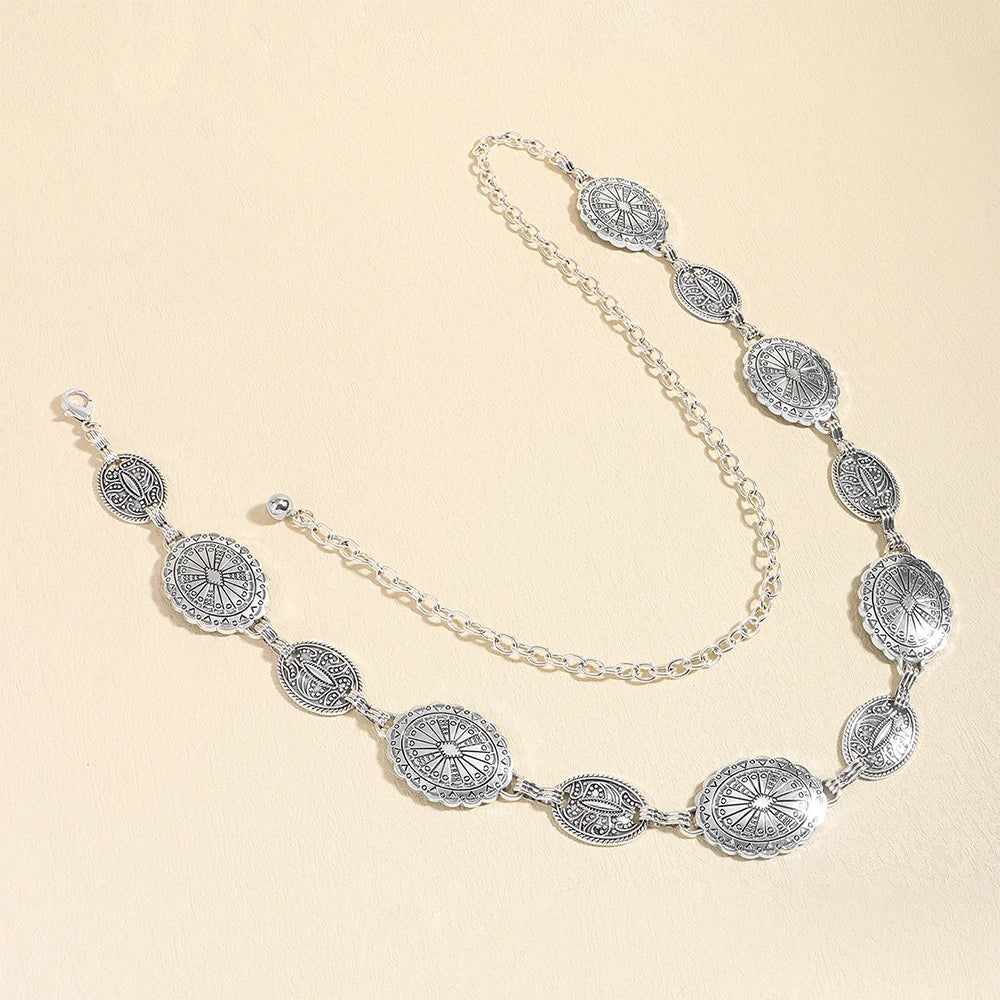 Acessórios de corrente de cintura de metal feminino estilo retrô círculo decorativo esculpido cinto de corrente acessórios de estilo alto